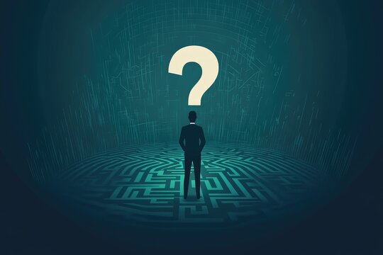 A businessman stands at a maze's center, a large question mark hovering above him within a swirling, data-like background, symbolizing uncertainty and decision-making