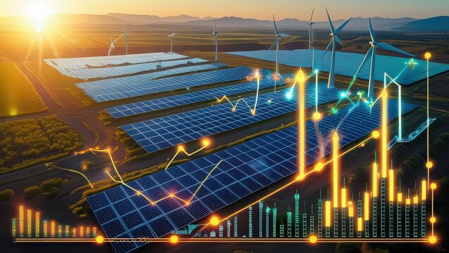 Aerial view of solar panel farm with windmills and rising stock market graph overlay at sunset