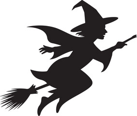 Silhouette illustration of a witch flying on a broom for halloween design