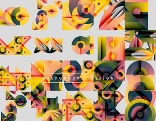 Abstract geometric patterns, vibrant colors, modern design elements. Composition features circles, triangles, squares, overlapping shapes.