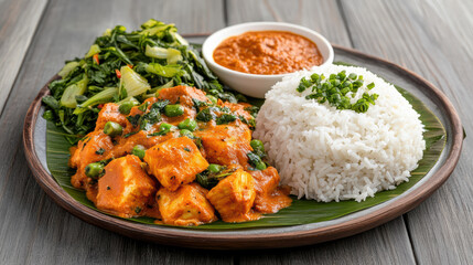 Delicious curry dish with rice, vegetables, and sauce served on wooden table