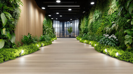 Modern hallway featuring lush greenery, wooden accents, and soft lighting creates serene