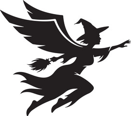 Silhouette illustration of a witch flying on a broom for halloween design