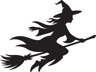 Silhouette illustration of a witch flying on a broom for halloween design
