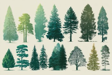 Obraz premium Various trees in a forest, detailed silhouettes and gradients, displayed on light beige background