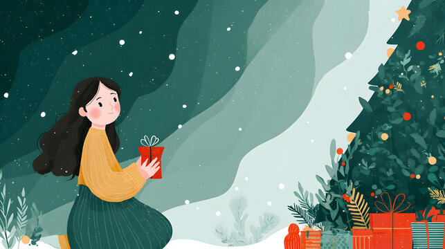 Girl with gift by Christmas tree snowy scene winter holiday
