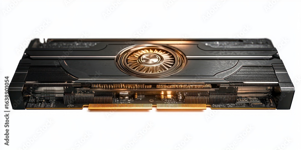 Poster close-up of a high-end computer graphics card with a central fan and sleek black and gold design on 