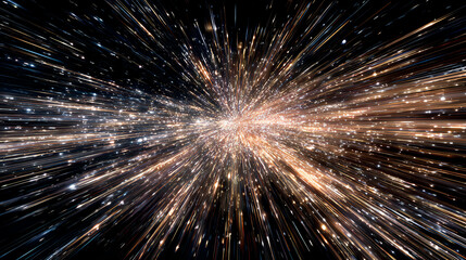 Obraz premium Abstract representation of cosmic explosion, showcasing vibrant light beams and stellar particles in a vast universe.