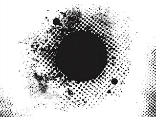 Abstract black and white graphic design with circular halftone and grunge texture.  A solid black circle is centered within a radial pattern of splatters and halftone dots