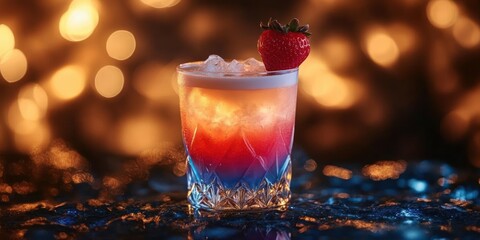 Colorful layered cocktail with gradient from blue to red topped with crushed ice and a fresh strawberry on a textured surface with warm bokeh background