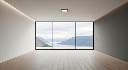 Empty contemporary bedroom with floor-to-ceiling glass wall