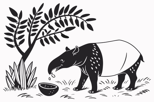 black and white tapir drinking water clip art preview