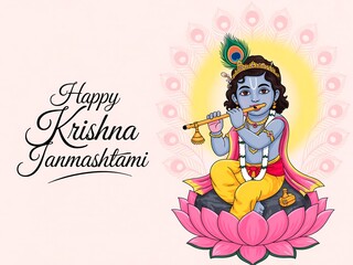 Joyful depiction of lord krishna playing his flute on a lotus flower celebrating janmashtami