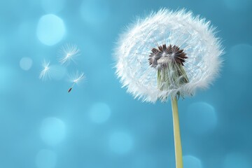 Dandelion seeds fly on blue background with light leaks and bokeh. Use for nature, spring, hope, dreams, or a minimalist design.