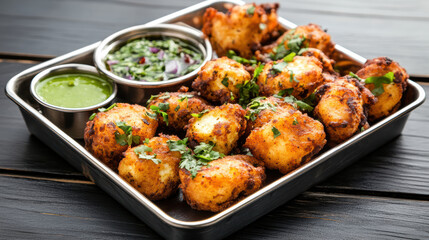 Crispy paneer pakoras served with vibrant chutneys metal tray, showcasing delicious street food
