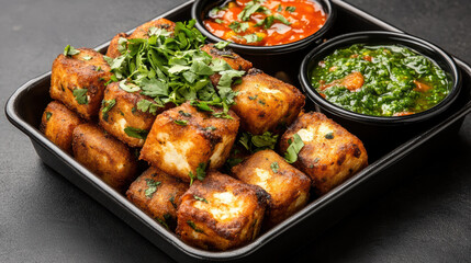 Fototapeta premium Crispy paneer pakoras garnished with fresh herbs, served with tangy chutneys
