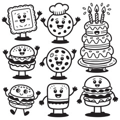 A cartoon vector drawing of different food items including a face and a birthday cake and ice-cream