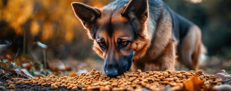 close-up of a german shepherd dog sniffing or eating dry dog food outdoors with autumn foliage in the background