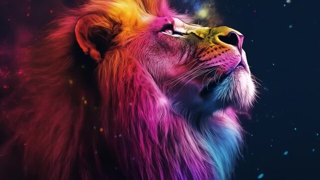 Colorful Lion with Majestic Gaze, and Night Sky.