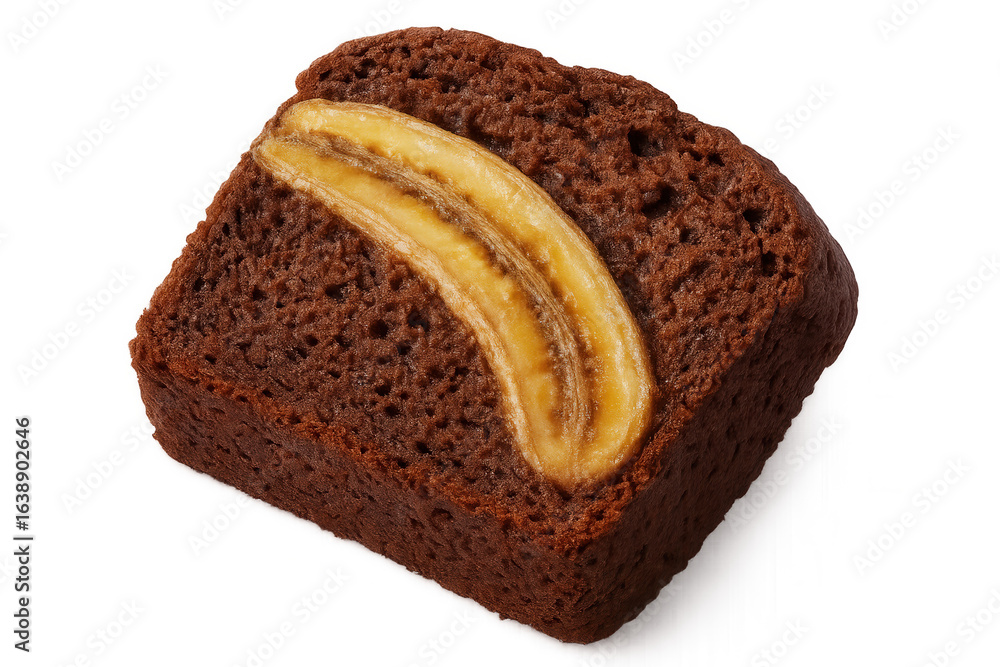 Poster moist chocolate banana bread slice displaying rich, dense texture with deep chocolate swirls and gol