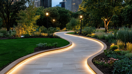 Fototapeta premium Winding pathway through city park, illuminated by soft lights, creates serene atmosphere at dusk