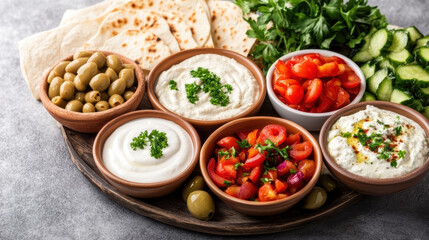 Delicious dips and fresh vegetables on wooden platter, perfect for sharing