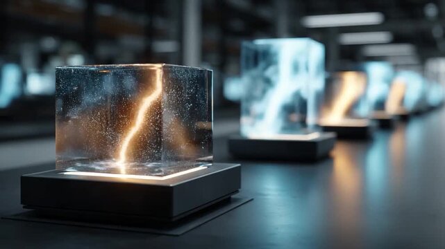 Energy Cubes: Illustrating innovation with energy, the image depicts three transparent cubes showcasing lightning strikes, the first glows orange and the third one is blue with gold.
