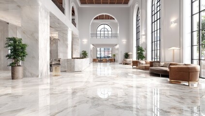 Fototapeta premium Luxurious hotel lobby interior design, marble floor, city view