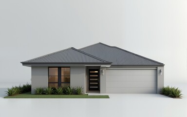 Modern Australian house with garage isolated on grey background, real estate or property investment concept. 3d rendering. High quality