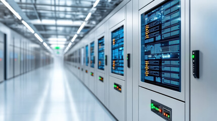 High tech server room with rows of data storage units and illuminated displays