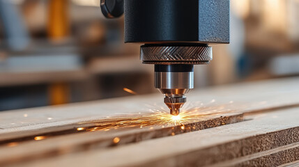 Precision cutting tool using focused laser beam creates sparks on wood surface