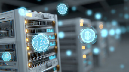 Futuristic data center showcasing digital currency symbols, highlighting modern technological advancements in cryptocurrency.