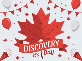 Festive canadian discovery day celebration with red maple leaf and red white balloons