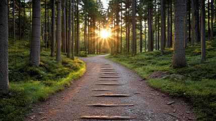 Serene forest trail surrounded by tall trees, illuminated by golden sunset