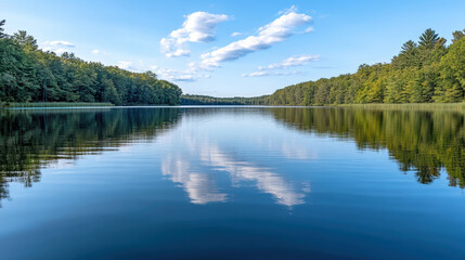 Calm lake reflecting trees and clouds under clear blue sky creates serene atmosphere