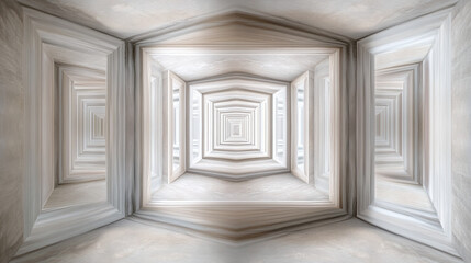 Obraz premium An empty, distorted hallway with doors that lead nowhere, capturing the feeling of being lost and directionless in one's own mind, with muted greys and whites.