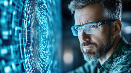 High tech professional analyzing data futuristic screen, showcasing concentration and innovation