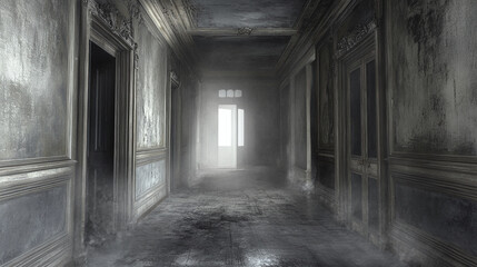 An empty, distorted hallway with doors that lead nowhere, capturing the feeling of being lost and directionless in one's own mind, with muted greys and whites.