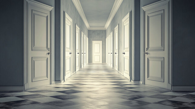 An empty, distorted hallway with doors that lead nowhere, capturing the feeling of being lost and directionless in one's own mind, with muted greys and whites.