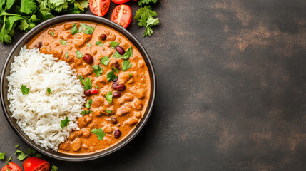 Fototapeta premium Creamy rajma curry with steamed rice, garnished with fresh cilantro and tomatoes