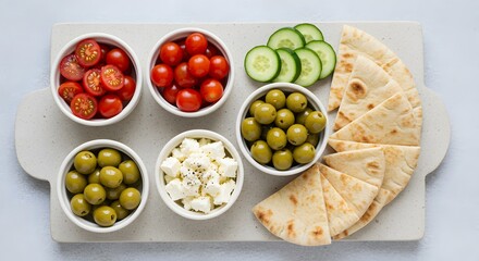 Mediterranean Mezze Platter with Fresh Vegetables, Feta, Olives, and Pita Bread