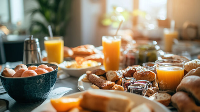 New Year’s Day brunch with friends seated around a table filled with food and drinks, soft sunlight coming through the window, and plenty of space at the top for text.