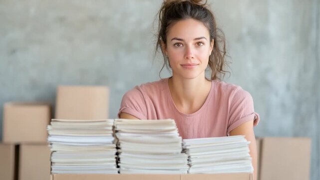 Woman and boxes: A young woman surrounded by stacks of books and moving boxes, she is smiling with confident, captures the anticipation of new beginning and her readiness for new life chapters.