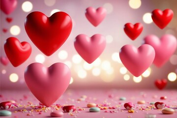 Floating hearts and confetti create romantic Valentine's Day ambiance