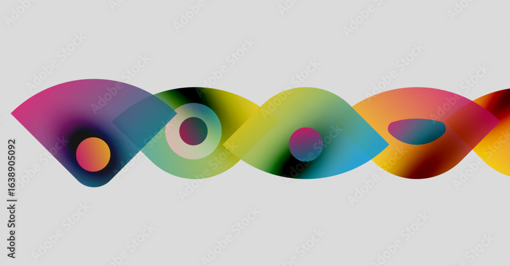 Poster abstract colorful shapes overlap, creating wavy pattern. bright gradients dominate composition, offe