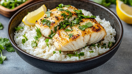 Steamed fish with lemon and coriander served over rice creates delightful meal