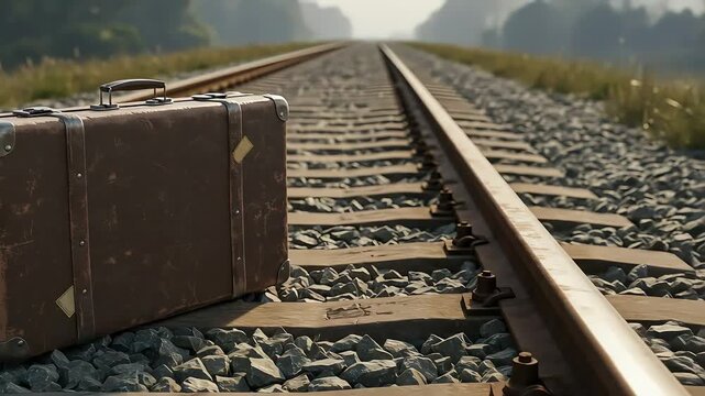 Brown Suitcase Left On Railway Tracks In A Foggy Landscape Depicting Themes Of Abandonment And Departure