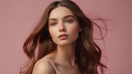 Naklejka premium Stunning beauty portrait of a young woman with long, healthy wavy brown hair blowing in the wind. Natural makeup and perfect skin on a soft pink background.