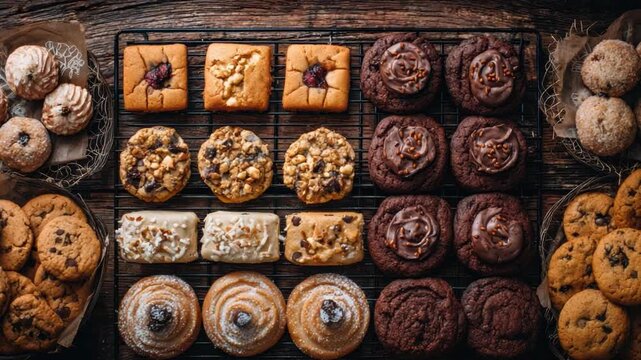 Sweet Symphony of Cookies: A captivating top-down shot showcases an assorted array of freshly baked cookies, arranged artfully on a rustic wooden surface. Each delectable treat tempts the eye.