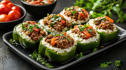 Stuffed peppers with rice and lamb, garnished with herbs, create delicious meal